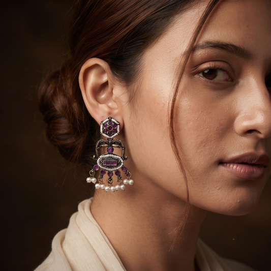 Maroon White Stone Ethnic Earrings