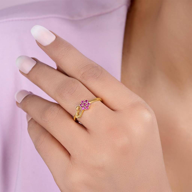 Pink CZ Floral Heart Open Ring in Gold Finish