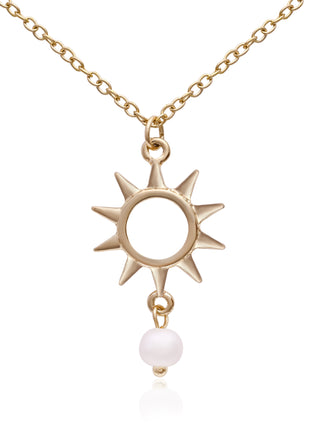 Celestial Radiance 18K Gold Plated Sunburst Pendant Necklace with Hanging Freshwater Pearl