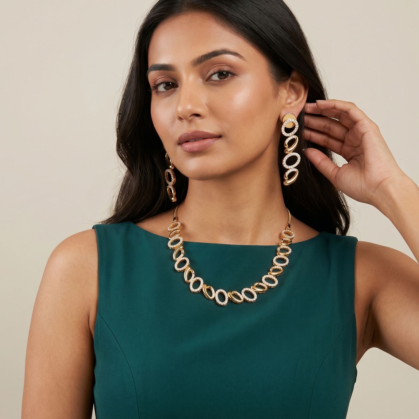 Gold-Tone Linked Oval Stone Necklace Set
