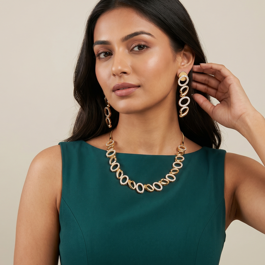Gold-Tone Linked Oval Stone Necklace Set