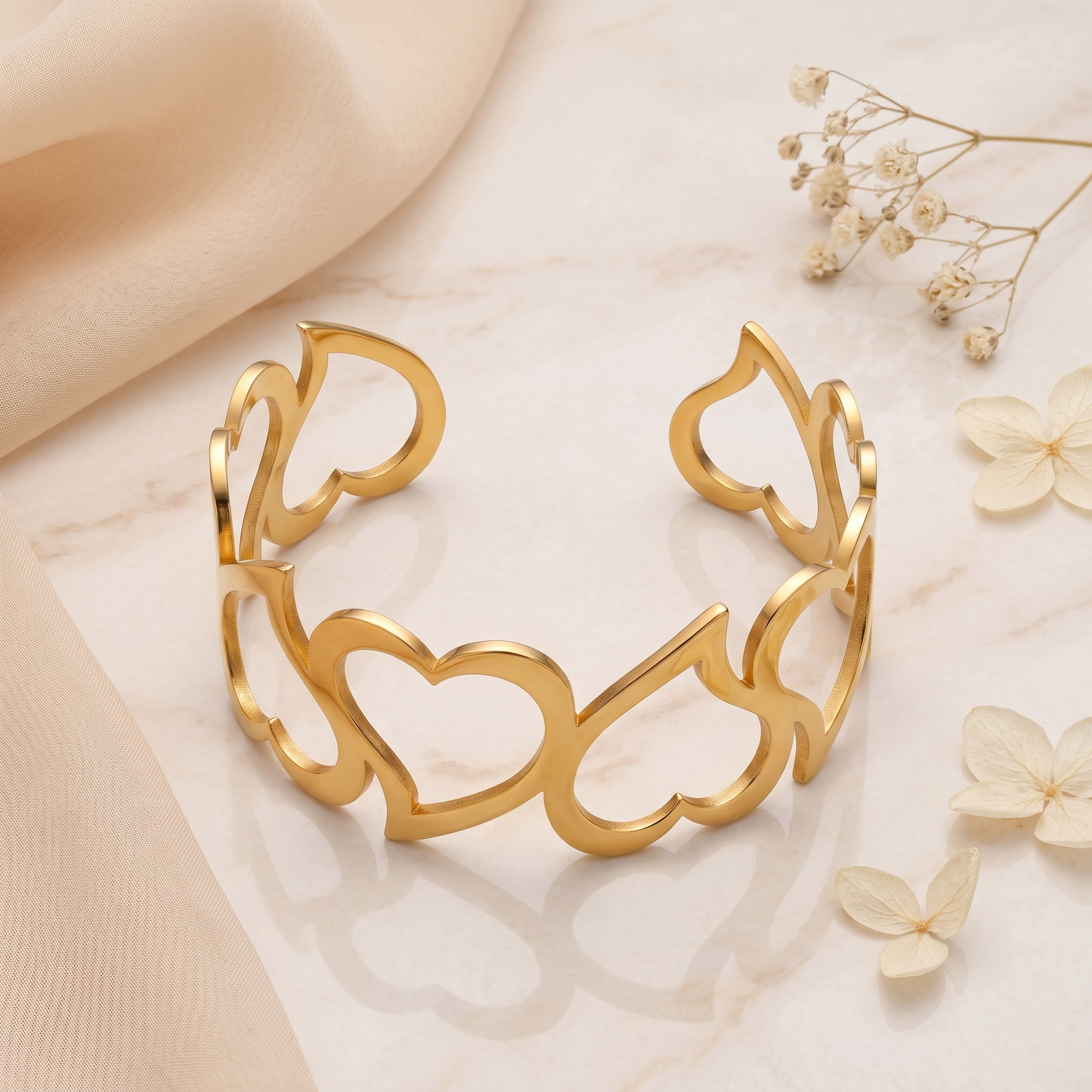 Gold Toned Brass Heart Cutout Cuff Bangle