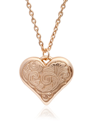 Rose Gold Engraved Heart Pendant Necklace with Intricate Swirl Filigree Design