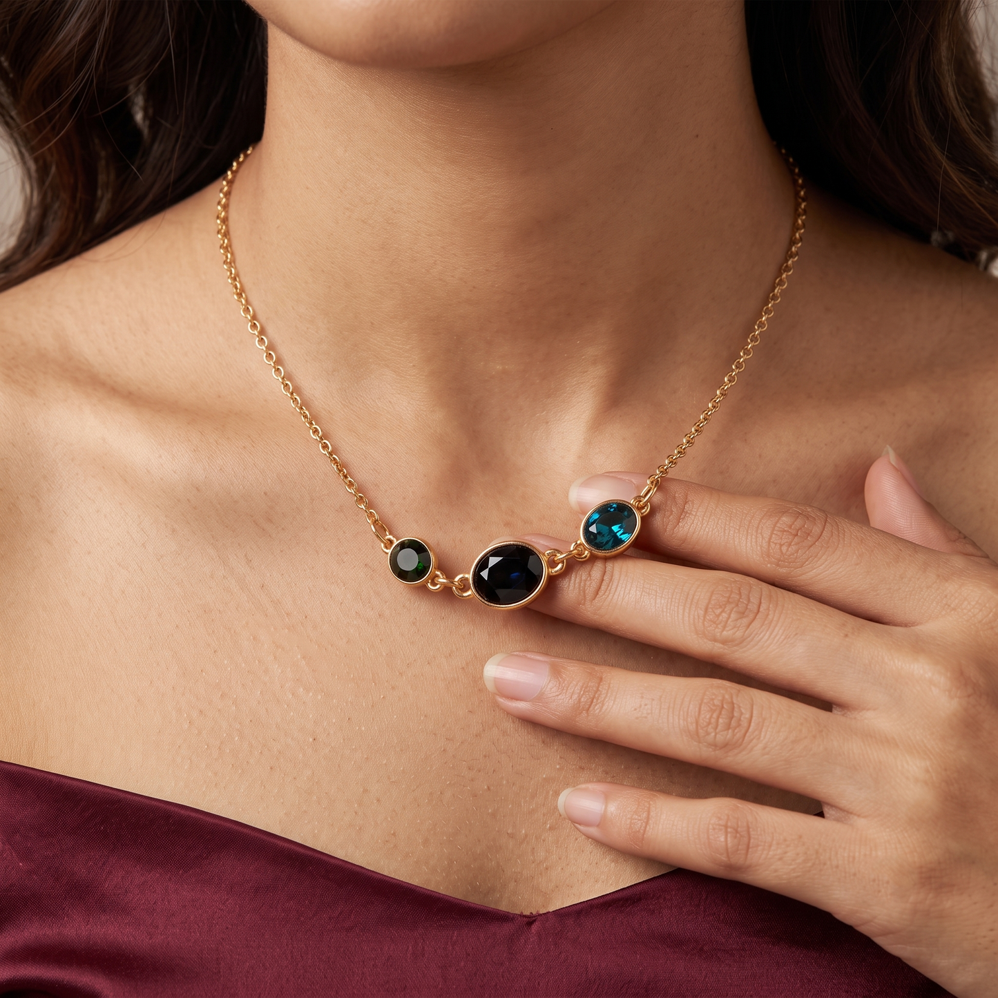 Gold Plated Brass Multi Stone Pendant Necklace
