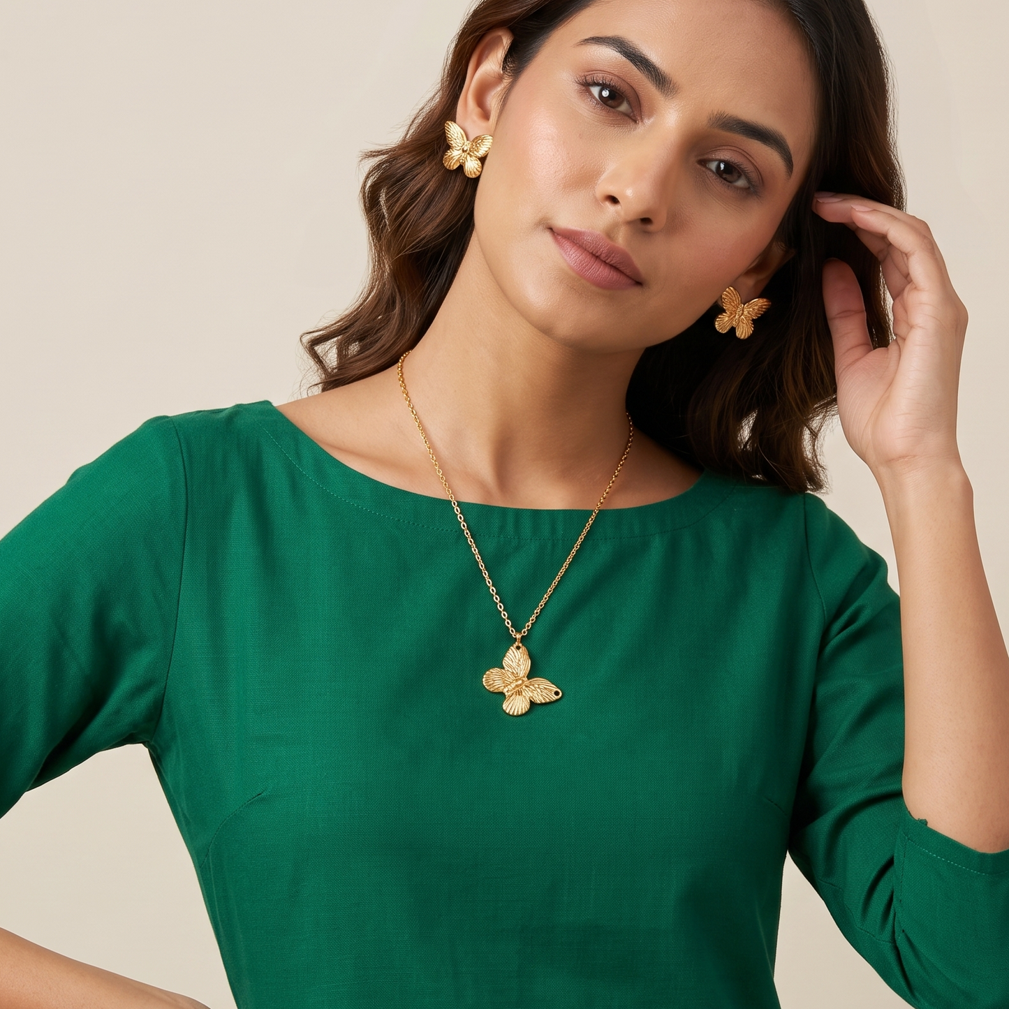 Gold Toned Brass Butterfly Necklace, Earrings And Charm Set