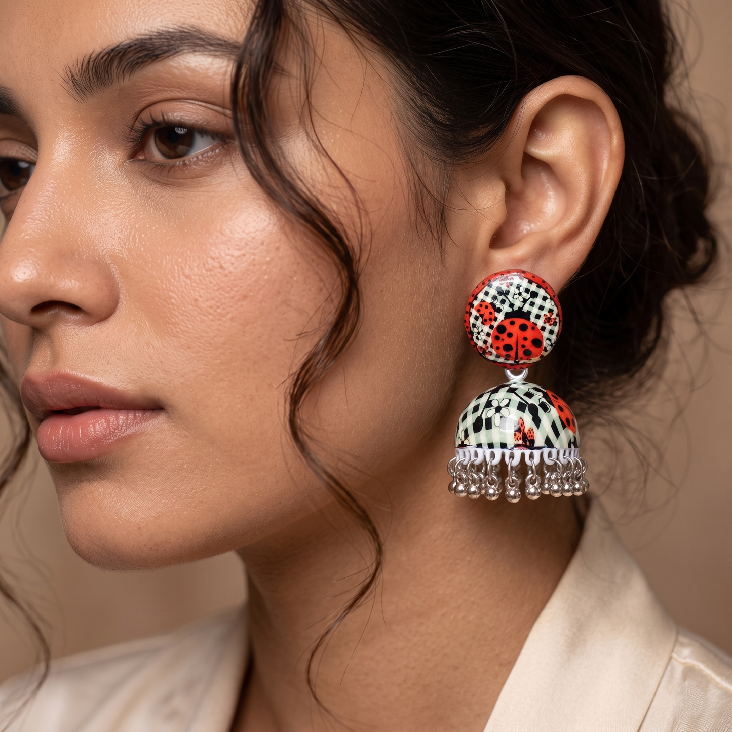 Silver Toned Brass Ladybug Print Jhumka Earrings