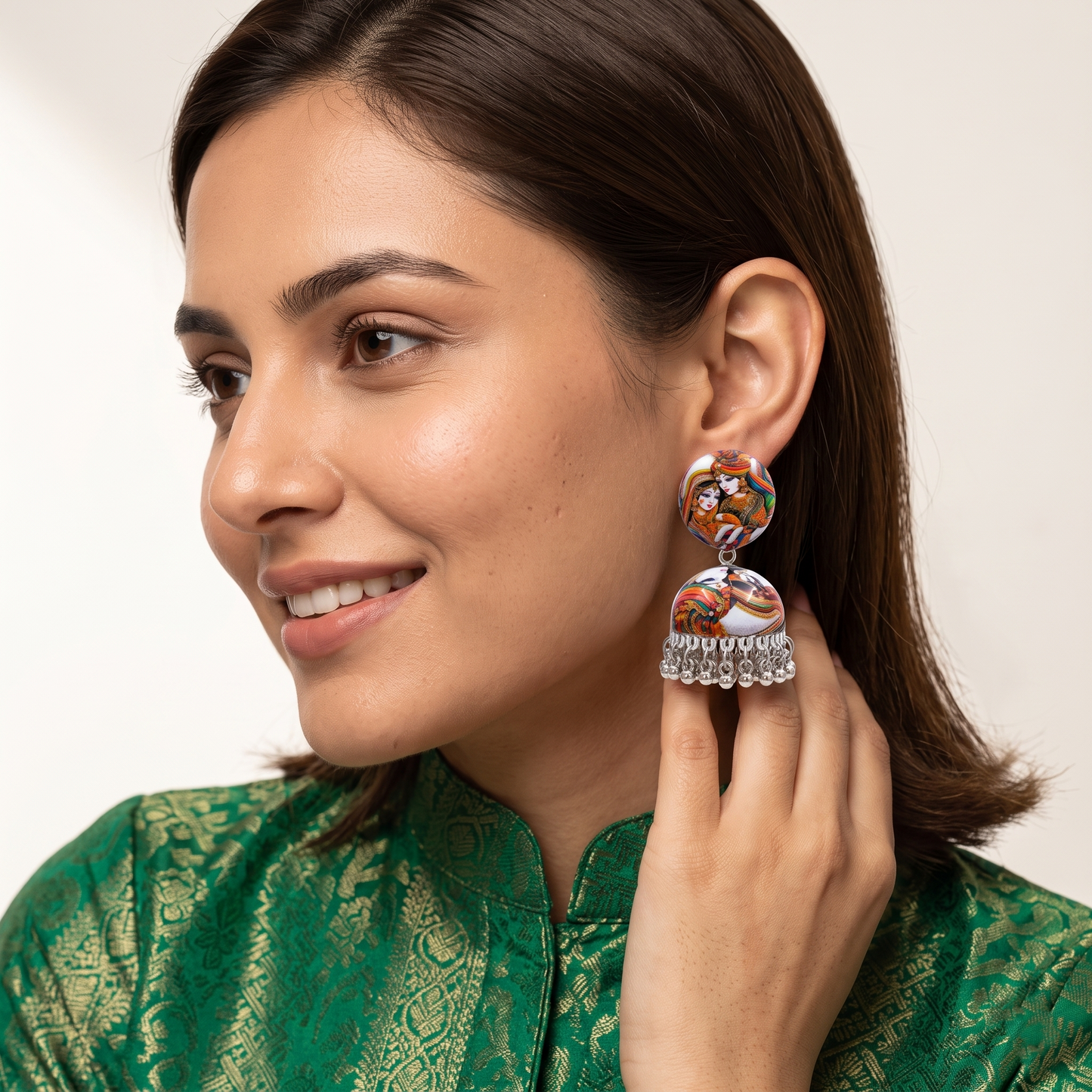 Silver Toned Brass Radha Krishna Print Jhumka Earrings