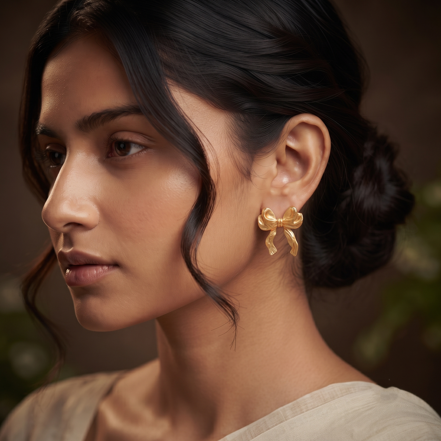 Gold Plated Brass Ribbon Bow Stud Earrings