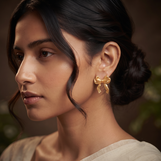 Gold Plated Brass Ribbon Bow Stud Earrings