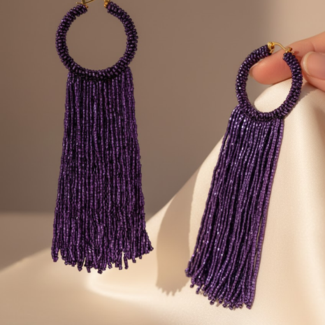 Purple Beaded Hoop Tassel Earrings By 2wist Designs
