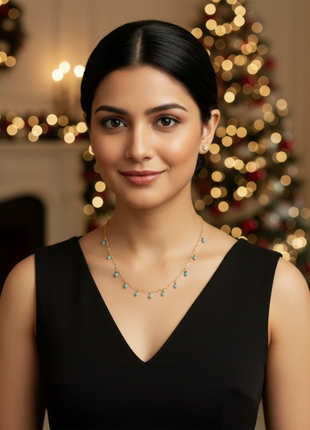 Heart Link Necklace Sky Blue Beaded Dangles Designer Golden Brass