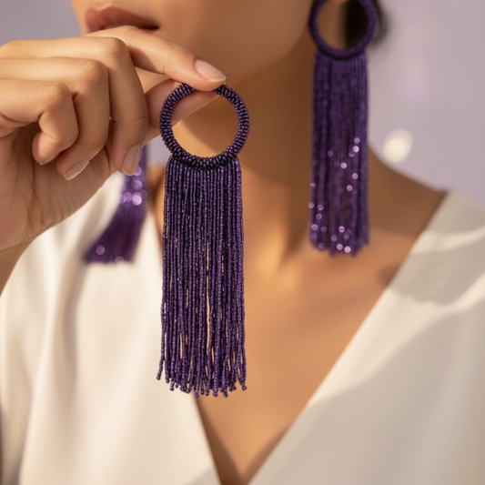 Purple Beaded Hoop Tassel Earrings