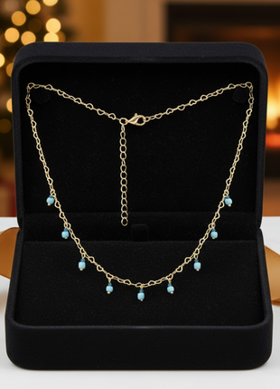 Heart Link Necklace Sky Blue Beaded Dangles Designer Golden Brass