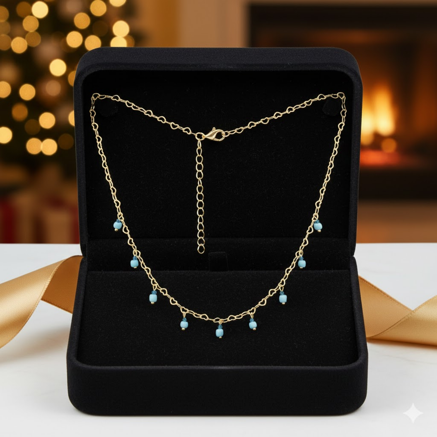 Heart Link Necklace Sky Blue Beaded Dangles