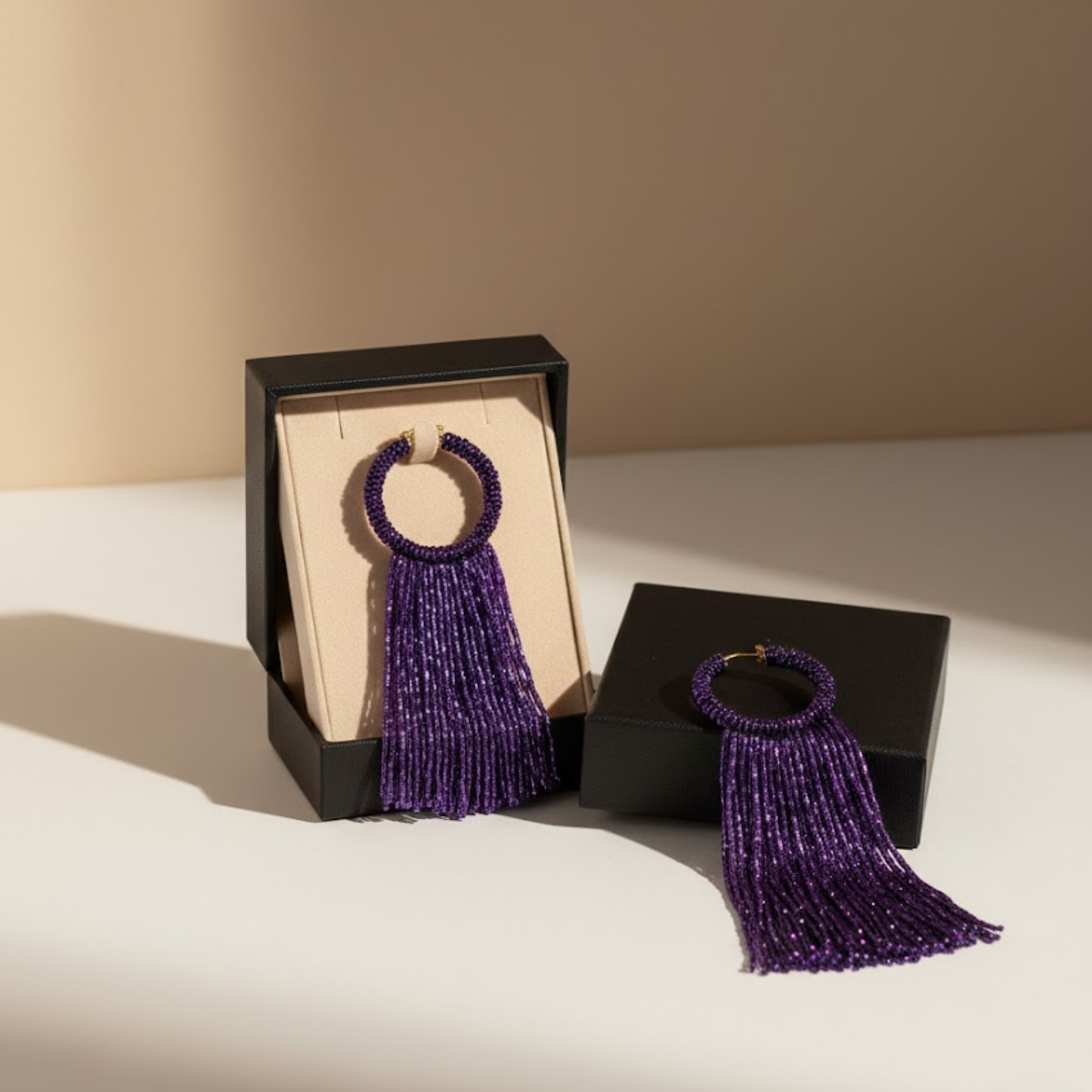 Purple Beaded Hoop Tassel Earrings