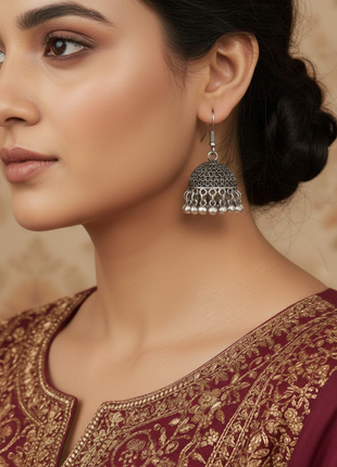 Mini Oxidized Silver Jhumka Earrings By 2wist Designs