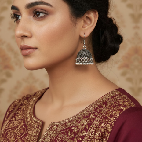 Mini Oxidized Silver Jhumka Earrings By 2wist Designs