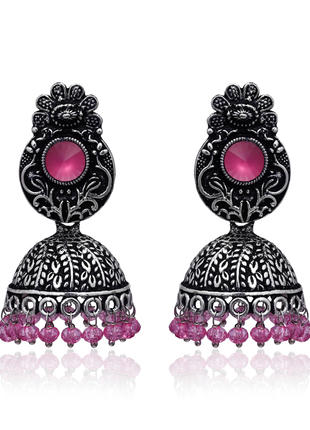 Pink Stone Dangle Jhumka Earrings By 2wist Designs