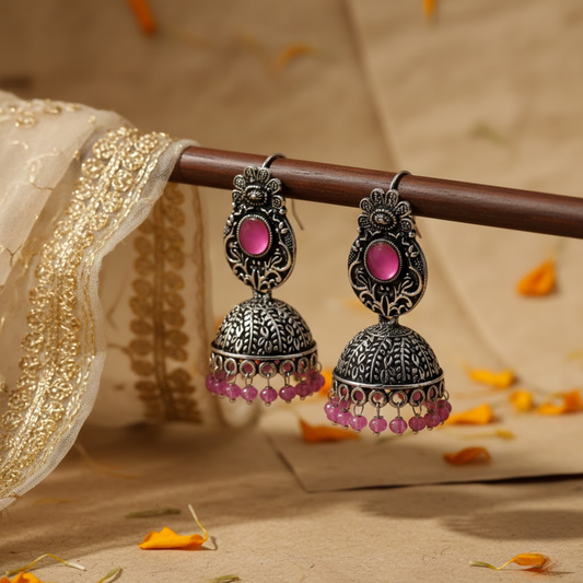 Pink Stone Dangle Jhumka Earrings