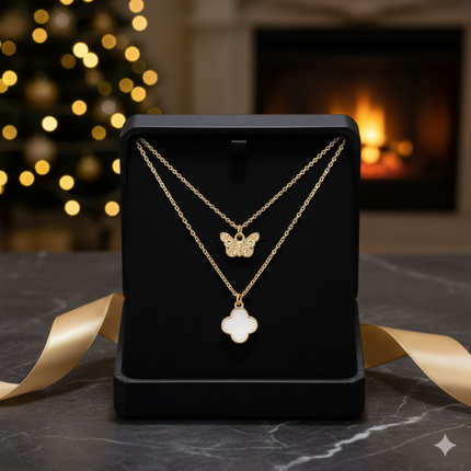 Butterfly & Clover Layered Pendant Necklace