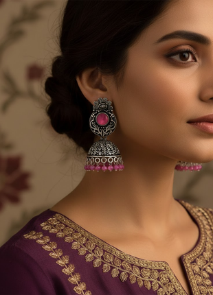 Pink Stone Dangle Jhumka Earrings By 2wist Designs