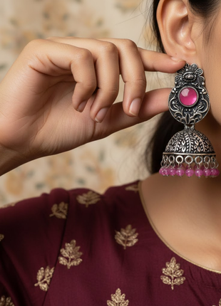 Pink Stone Dangle Jhumka Earrings By 2wist Designs
