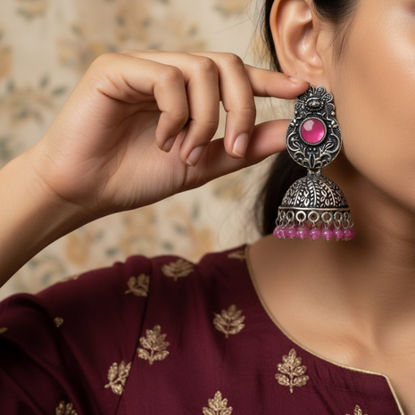 Pink Stone Dangle Jhumka Earrings By 2wist Designs
