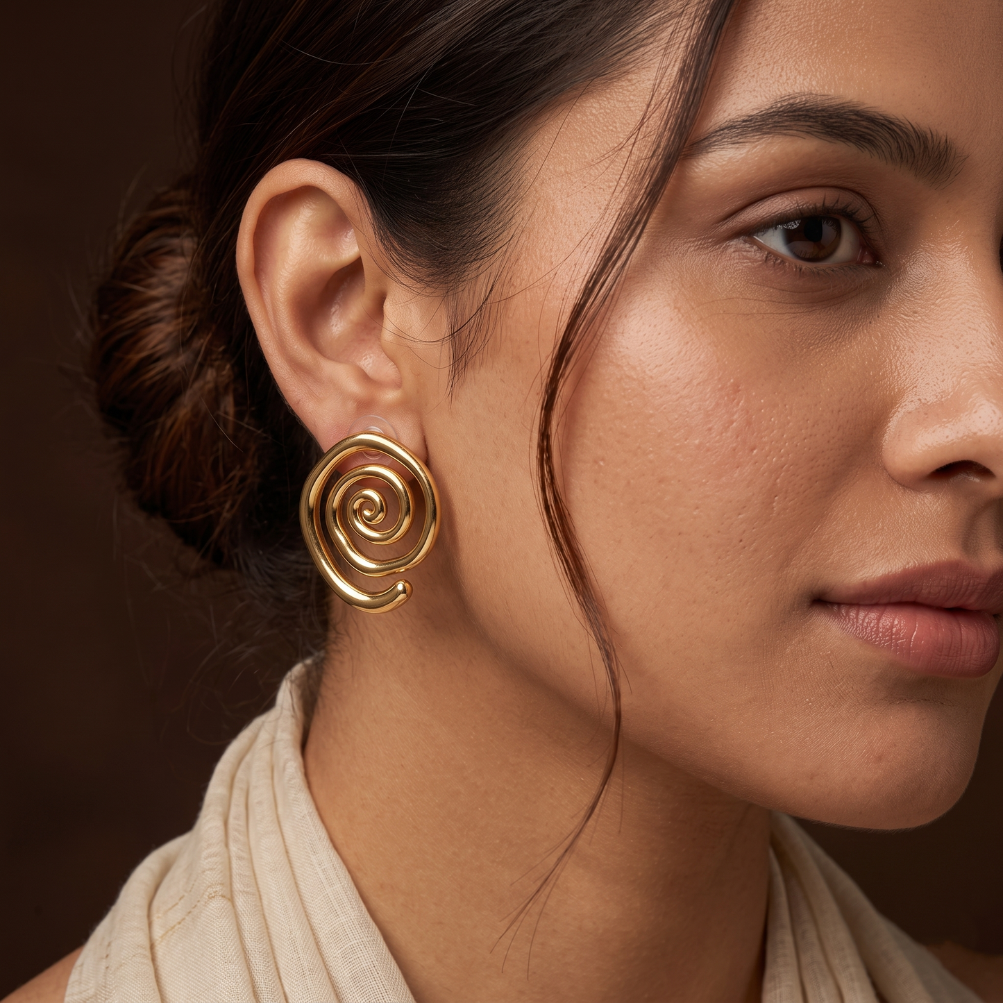 Gold Toned Brass Spiral Swirl Stud Earrings