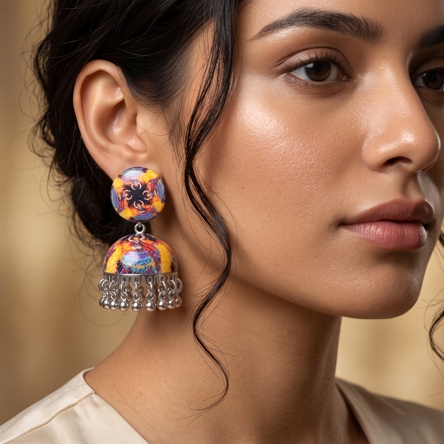 Silver Toned Brass Tribal Print Jhumka Earrings