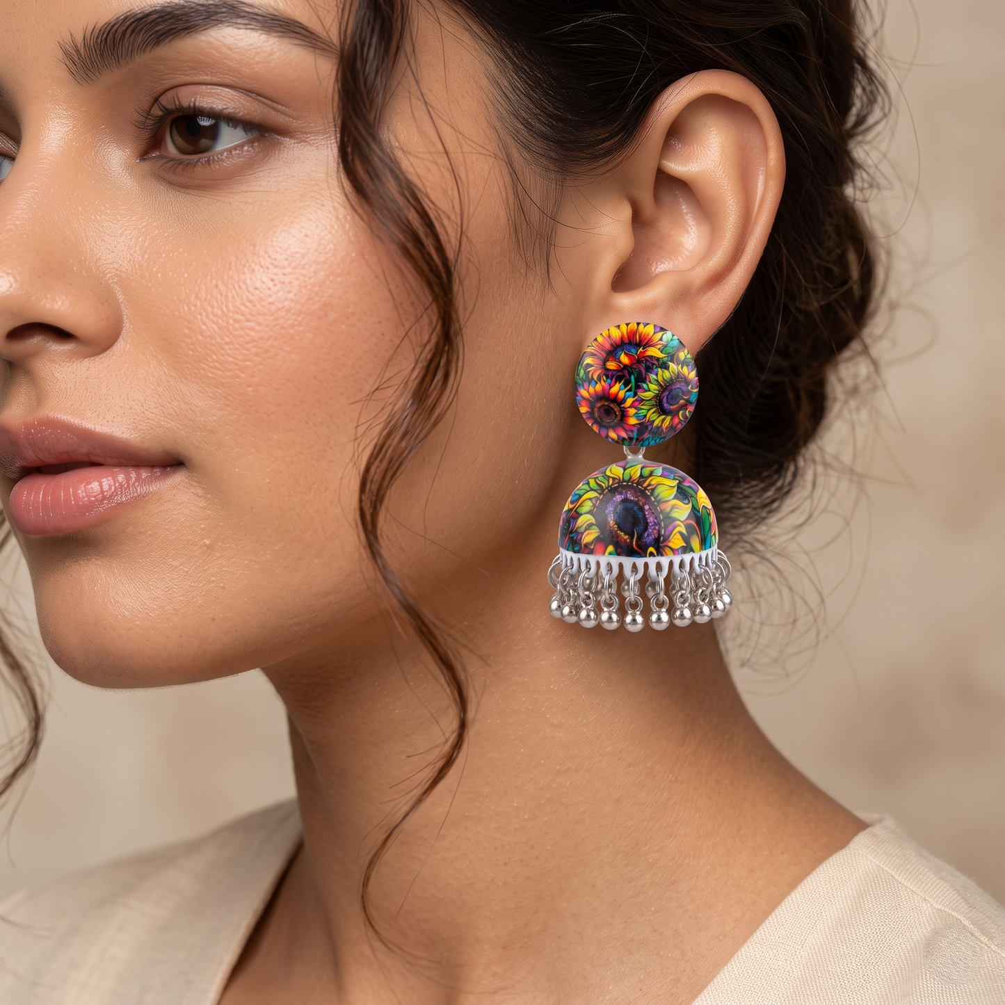 Silver Toned Brass Multicolor Sunflower Print Jhumka Earrings