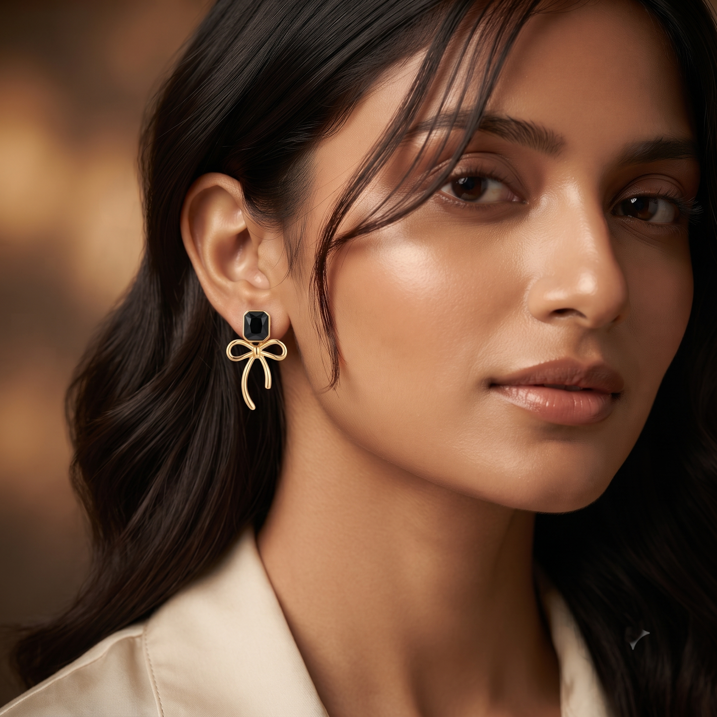 Gold Plated Brass Black Gem Bow Drop Earrings