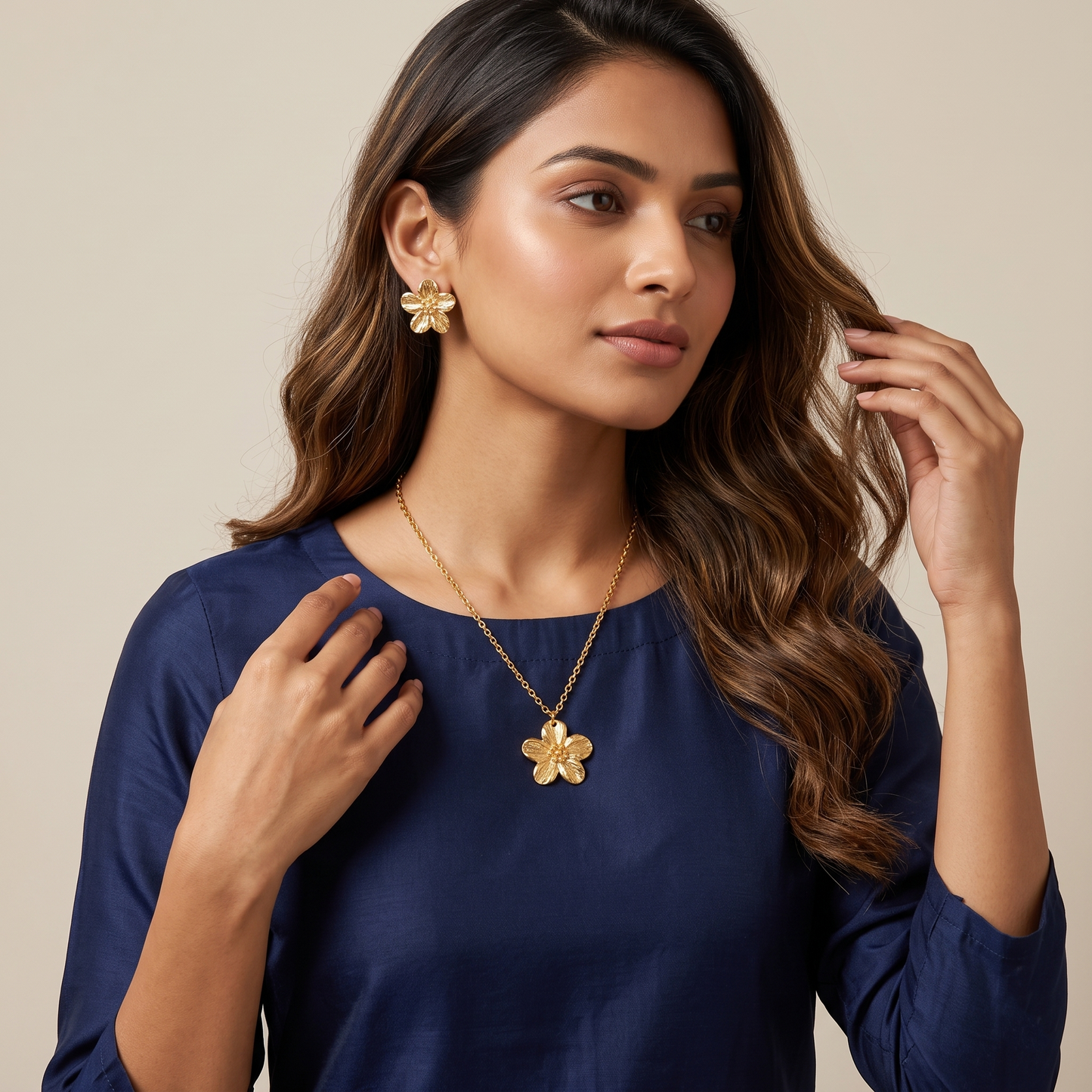 Gold Toned Brass Flower Necklace, Earrings And Ring Set