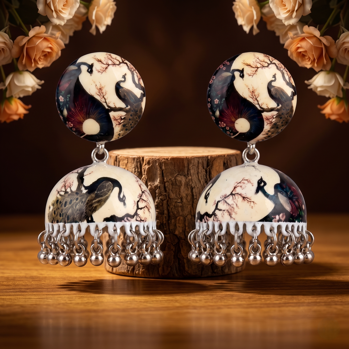 Silver Toned Brass Peacock Print Jhumka Earrings