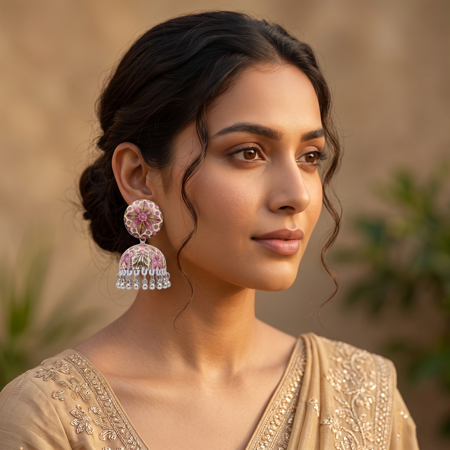 Silver Toned Brass Pink Floral Mandala Print Jhumka Earrings