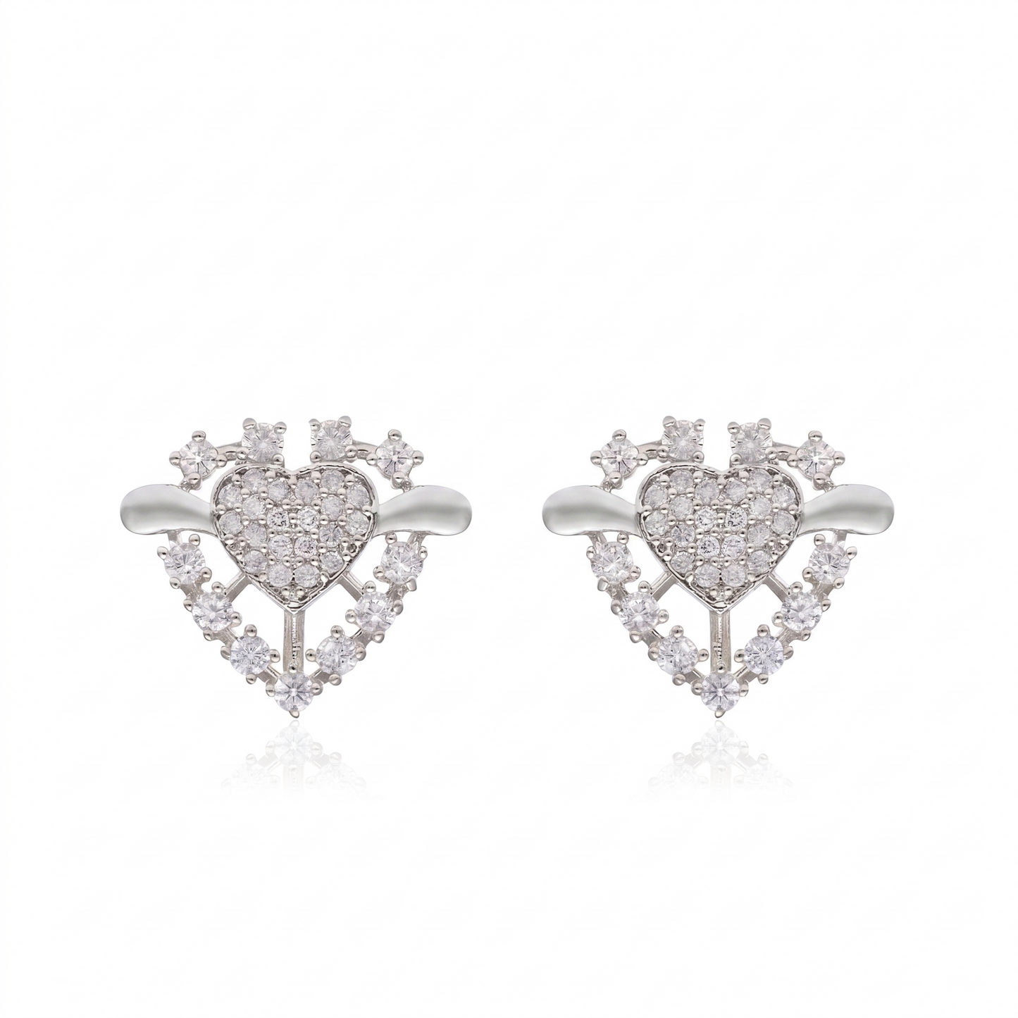 Silver-Tone Winged Heart Stone Stud Earrings