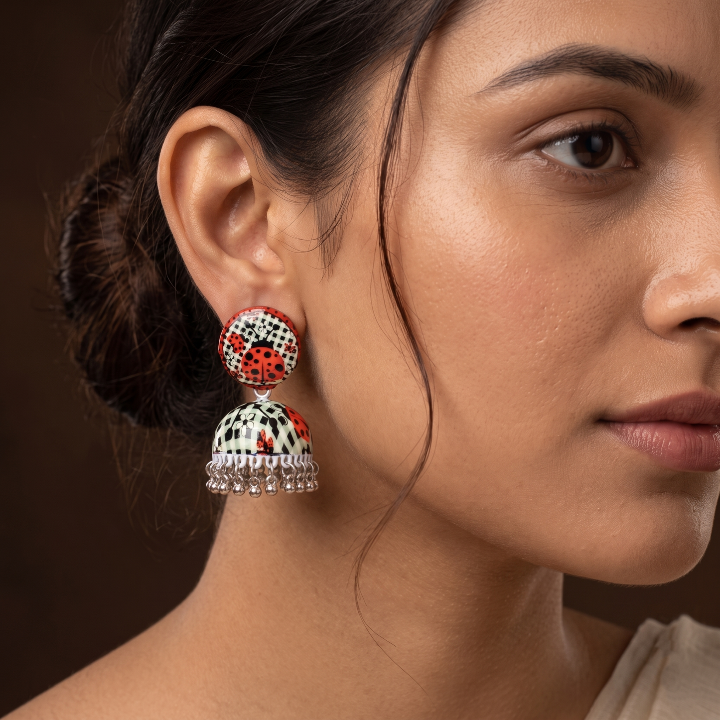 Silver Toned Brass Ladybug Print Jhumka Earrings