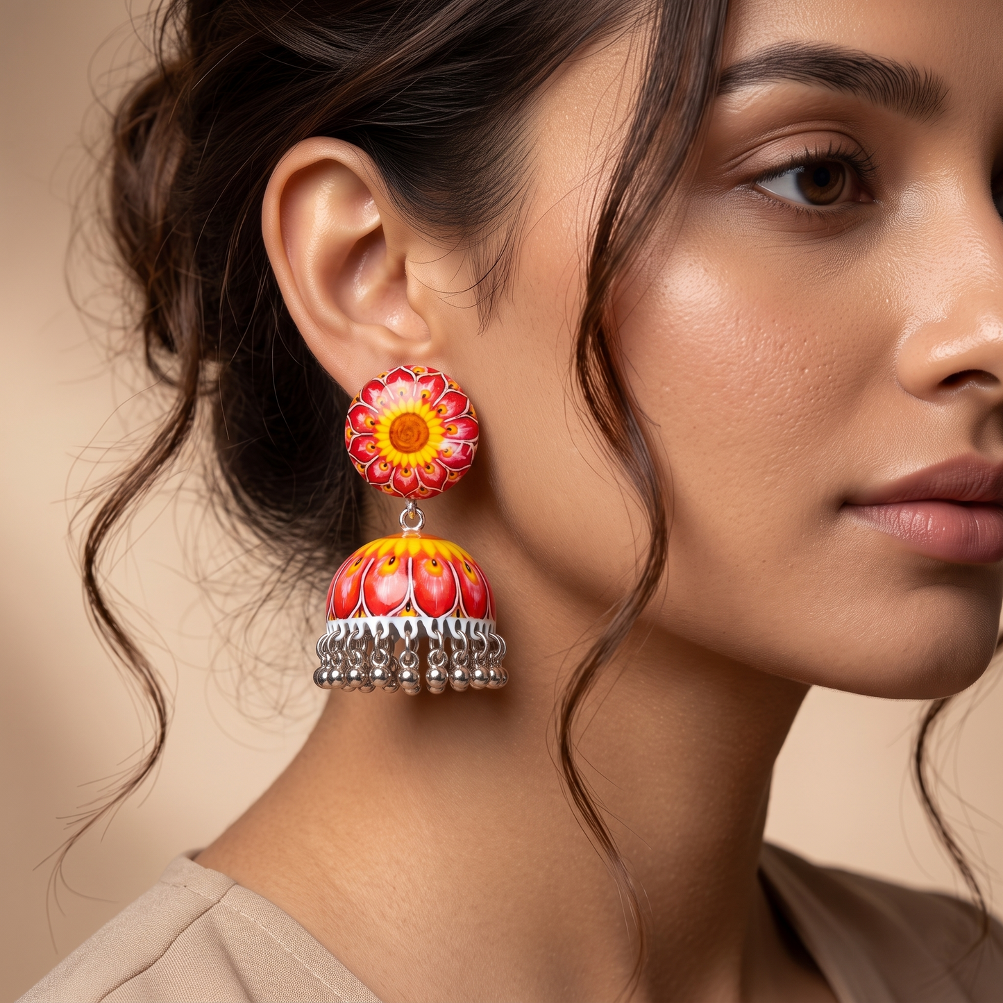 Silver Toned Brass Sunflower Print Jhumka Earrings