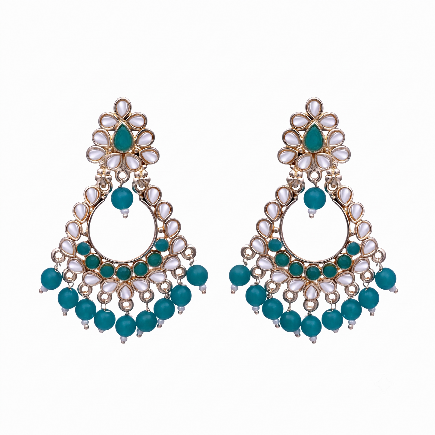 Teal White Stone Chandbali Earrings