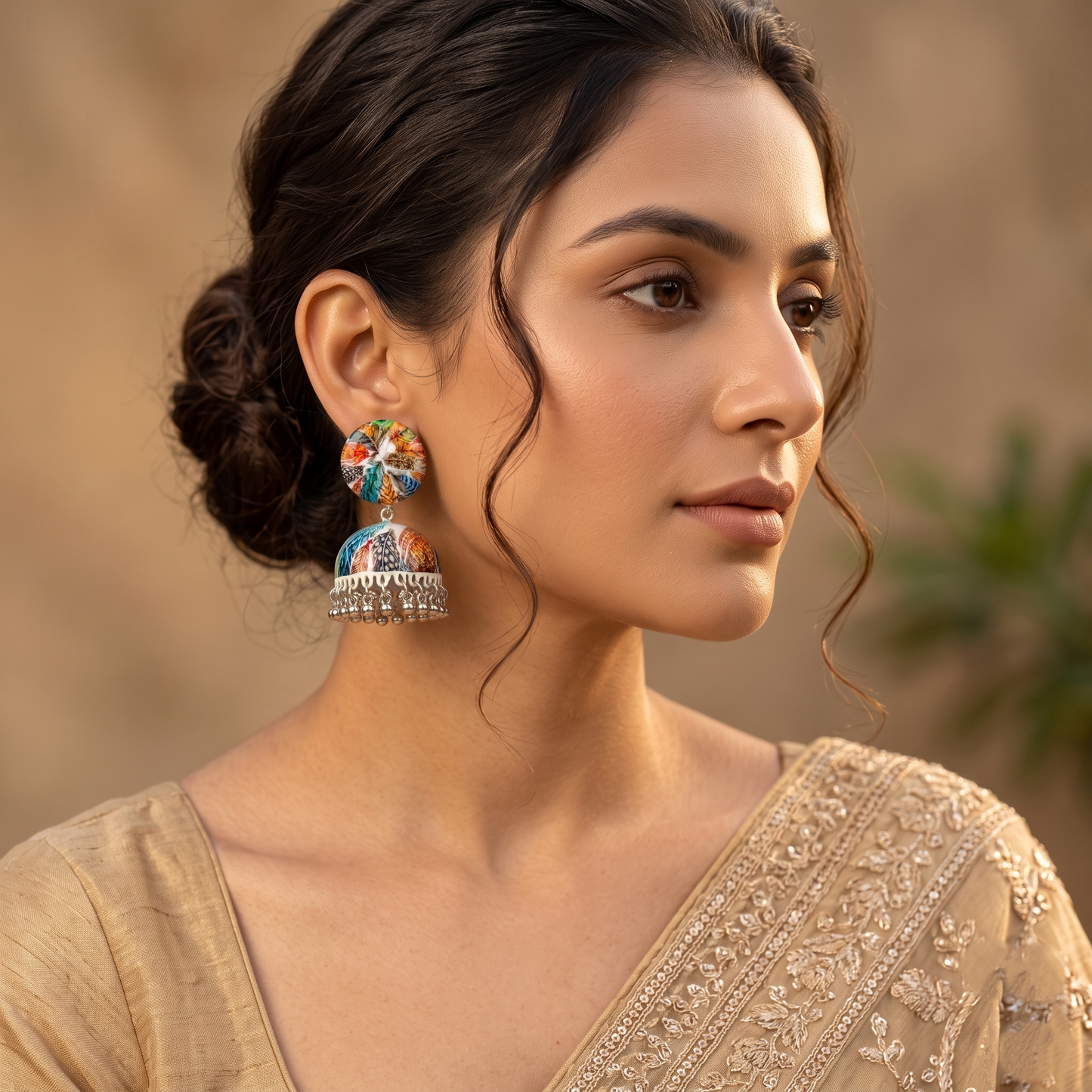Silver Toned Brass Abstract Print Jhumka Earrings