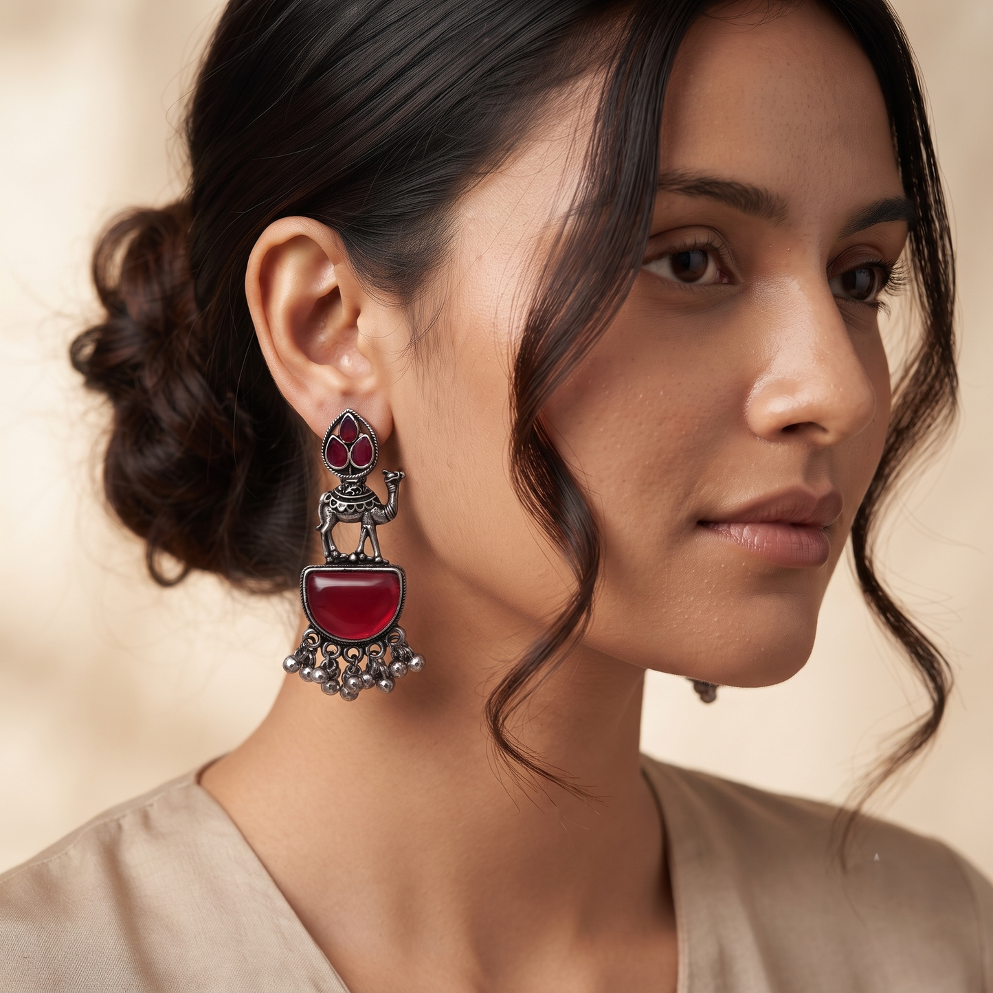 Enchanting Camel Maroon Stone Earrings