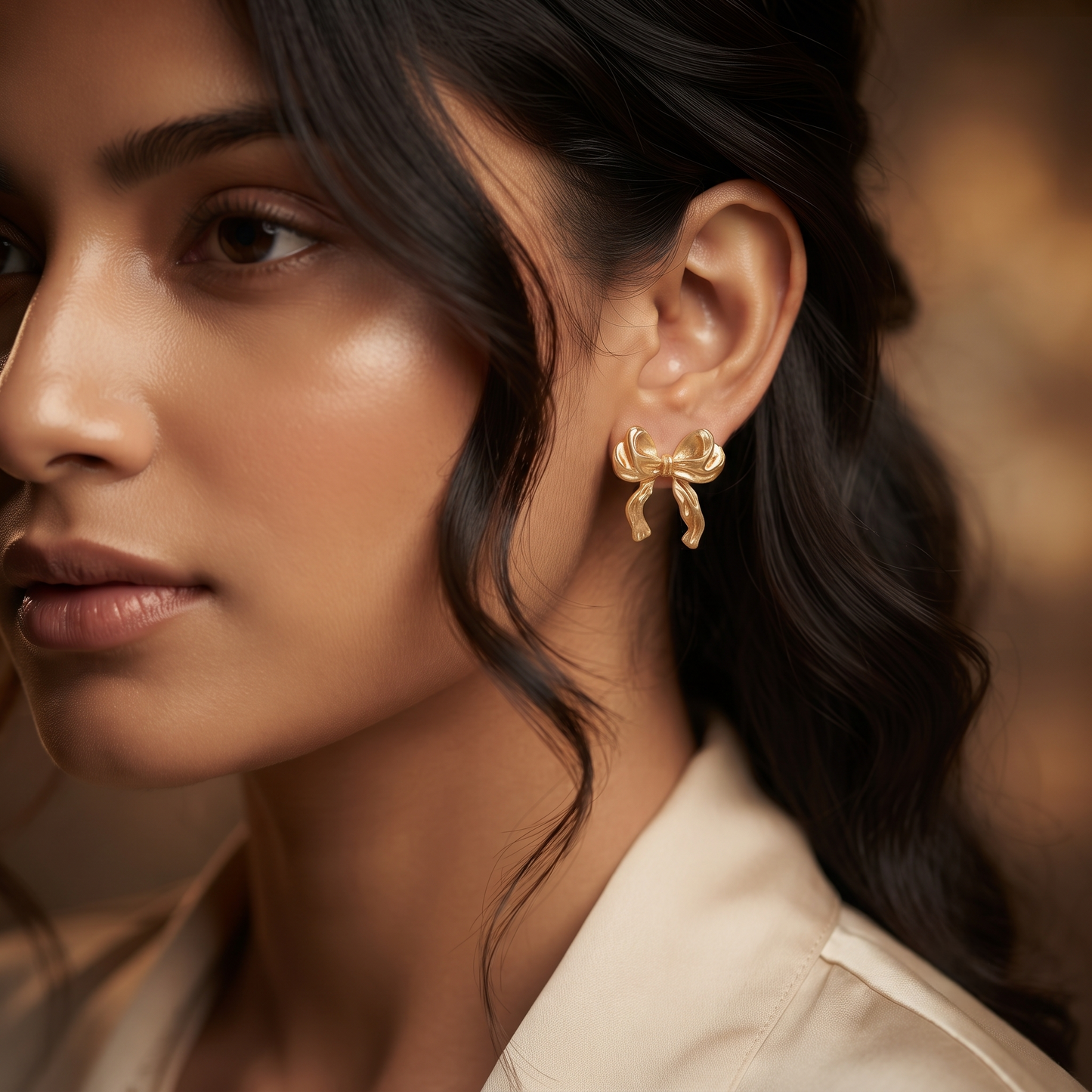 Gold Plated Brass Ribbon Bow Stud Earrings