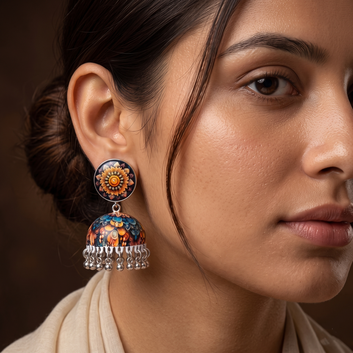 Silver Toned Brass Floral Mandala Print Jhumka Earrings