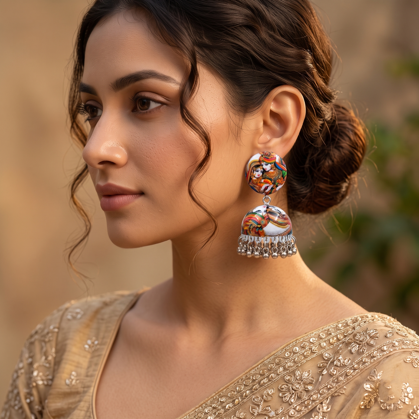 Silver Toned Brass Radha Krishna Print Jhumka Earrings