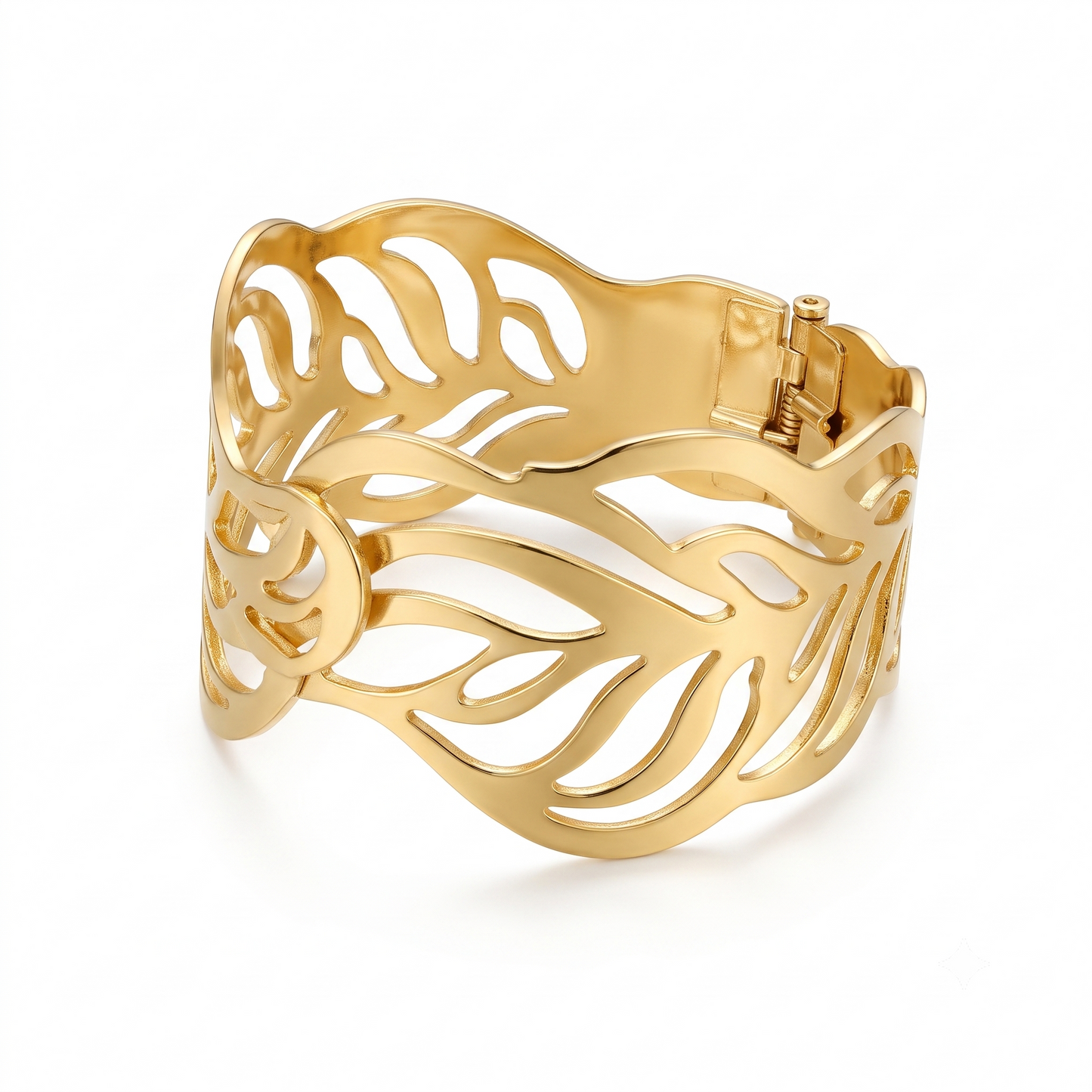 Gold Toned Brass Leaf Cutout Cuff Bangle