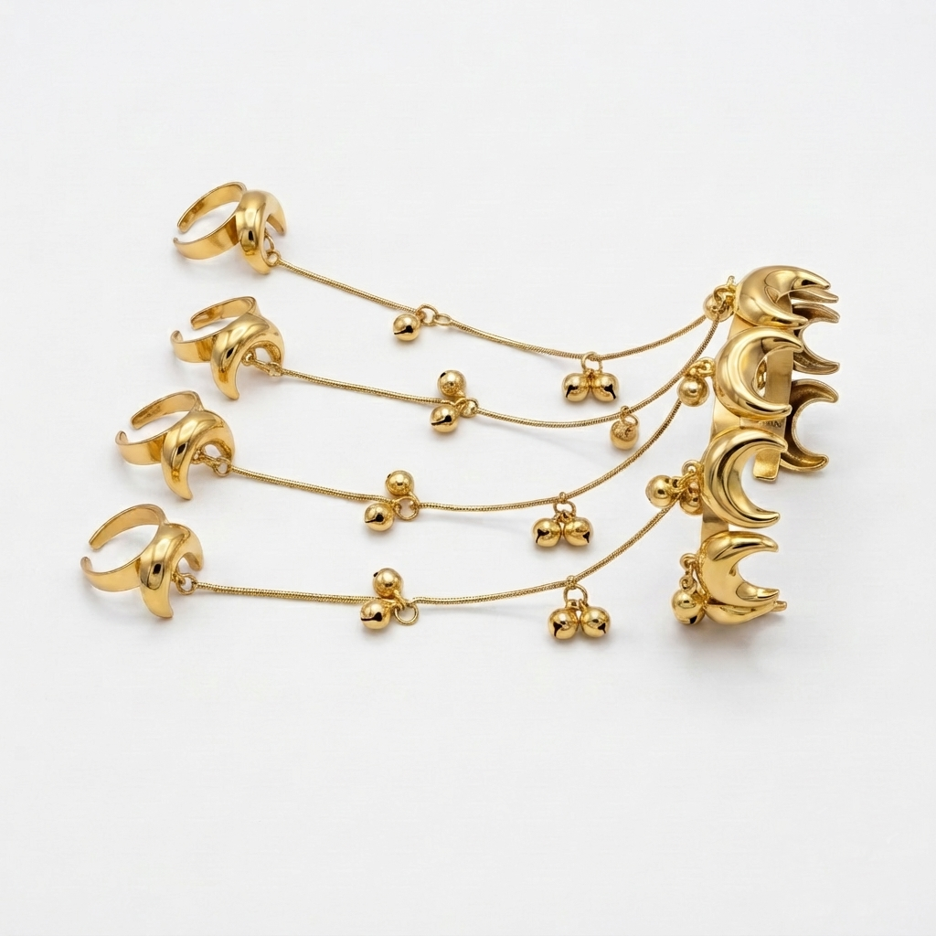 Gold Toned Brass Chain Hand Harness Bangle With Rings