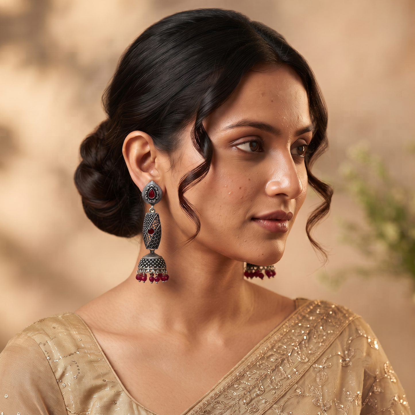 Long Maroon Stone Jhumka Earrings