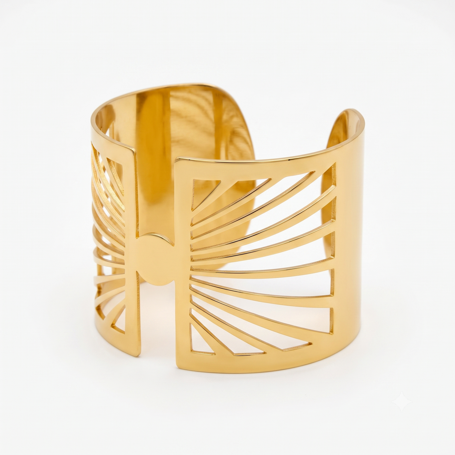 Gold Toned Brass Sunburst Cutout Cuff Bangle