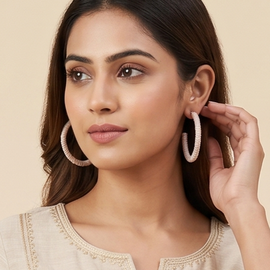 Beige Thread Wrapped Hoop Earrings
