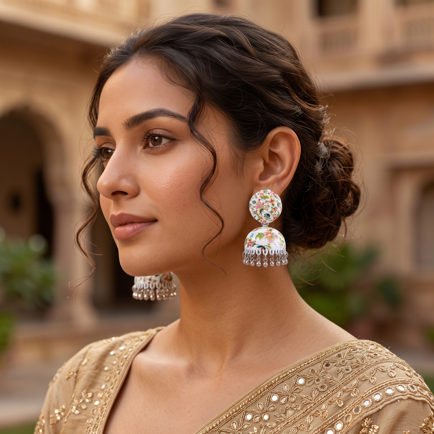 Silver Toned Brass Floral Print Jhumka Earrings