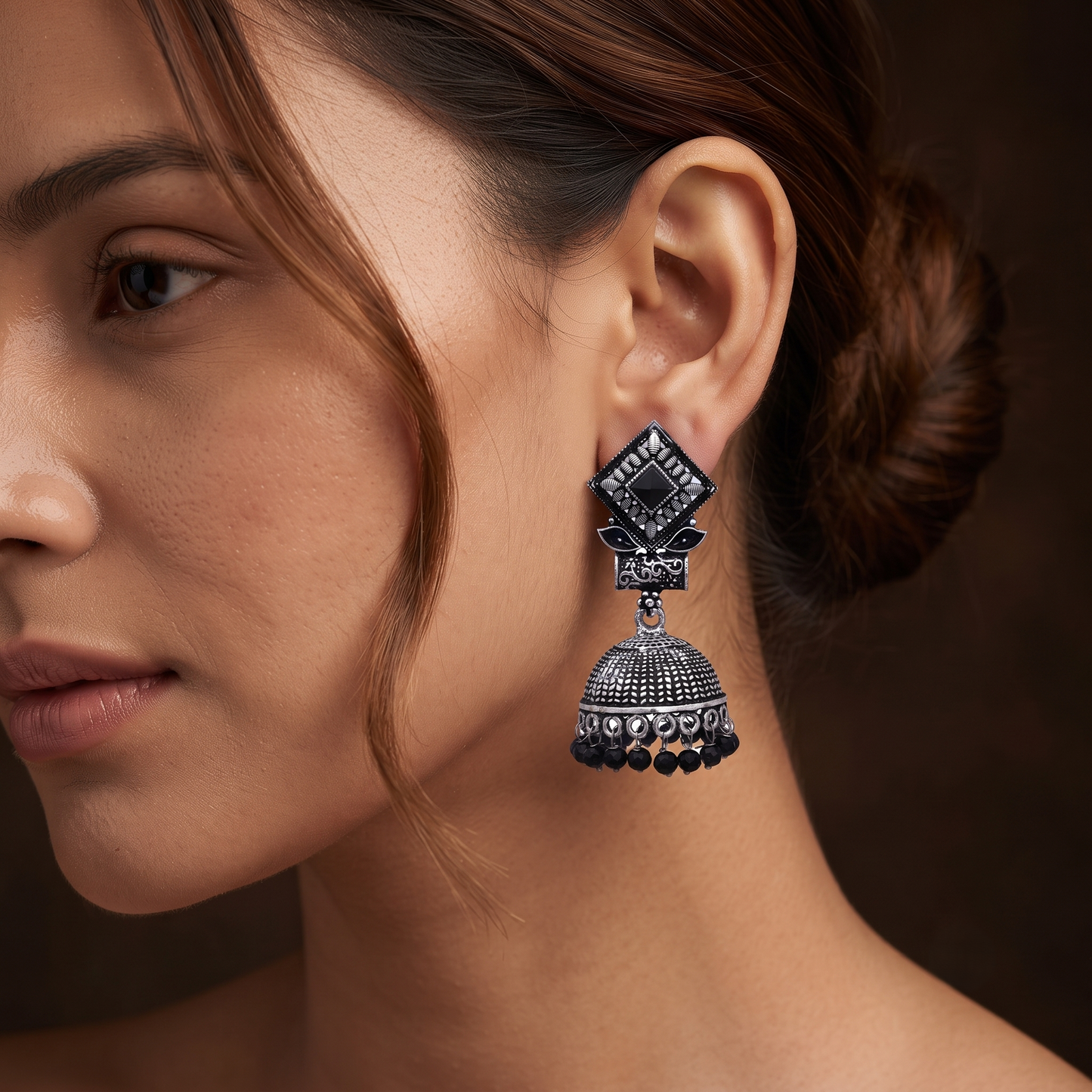 Black Stone Accent Jhumka Earrings